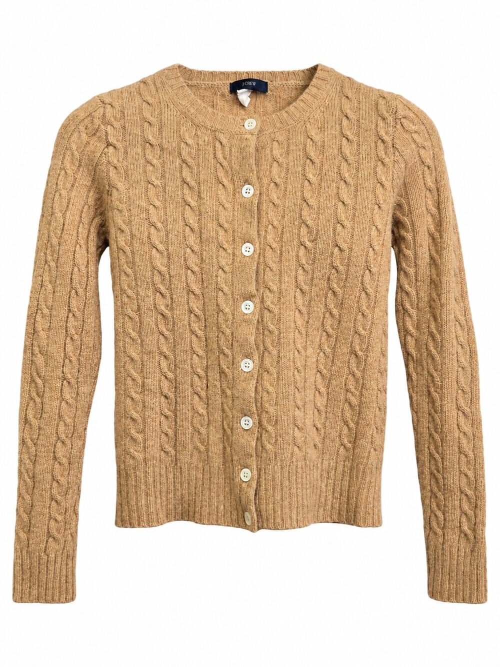 J.Crew XS Cable Knit Wool Blend Cardigan Tan Beige Button Front Made Hong Kong